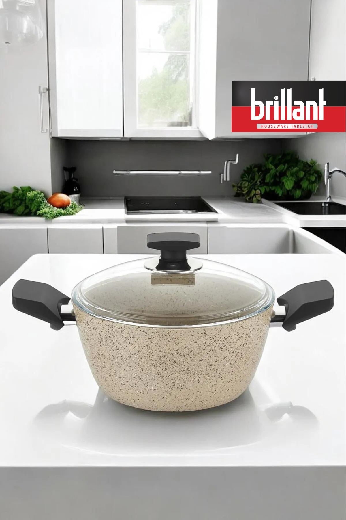 Brillant Petra Granit 26 Cm Yanmaz Yapışmaz Derin Tencere | Krem ( PYREX Cam Kapaklar, Bio Granit Sağlığı & PFOA İçermeyen Gıda Temasına Uygunluk )