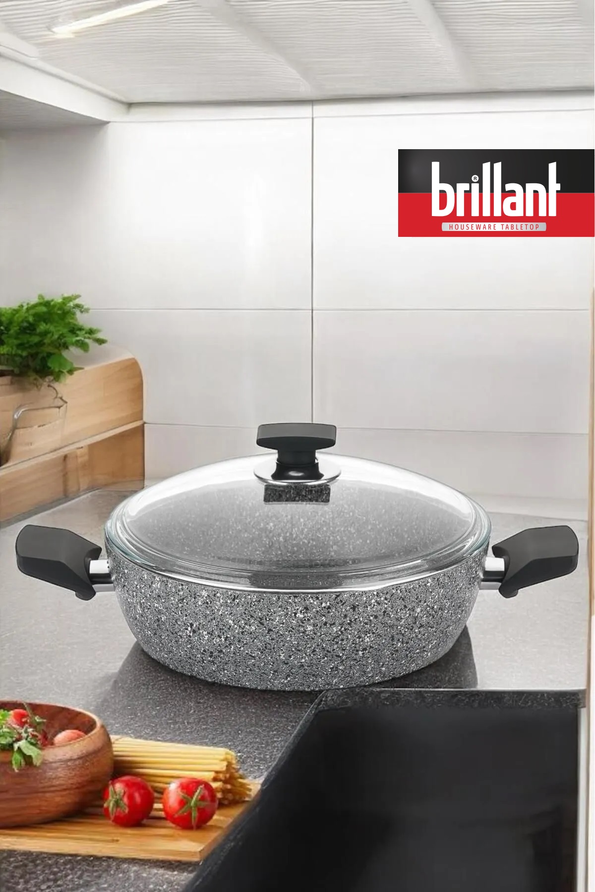 Brillant Petra Granit 24 Cm Yanmaz Yapışmaz Pilav Tencere | Gri ( PYREX Cam Kapaklar, Bio Granit Sağlığı & PFOA İçermeyen Gıda Temasına Uygunluk )