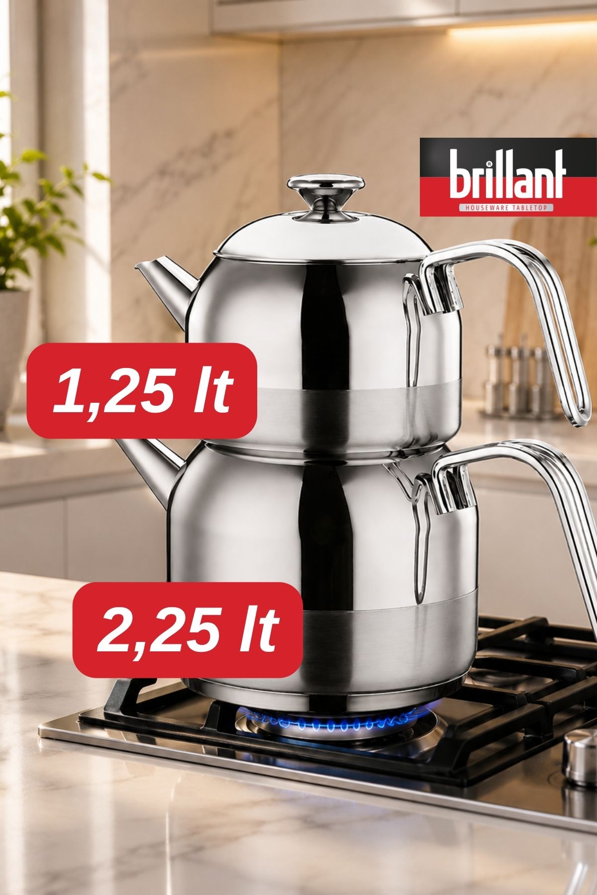 Brillant Mina Aile Çaydanlık Paslanmaz Çelik 1,25 Litre Üst Demlik 2,25 Litre Alt Demlik ( Paslanmaz Çelik, Brillant ile Lezzetli Çay Keyfi! )