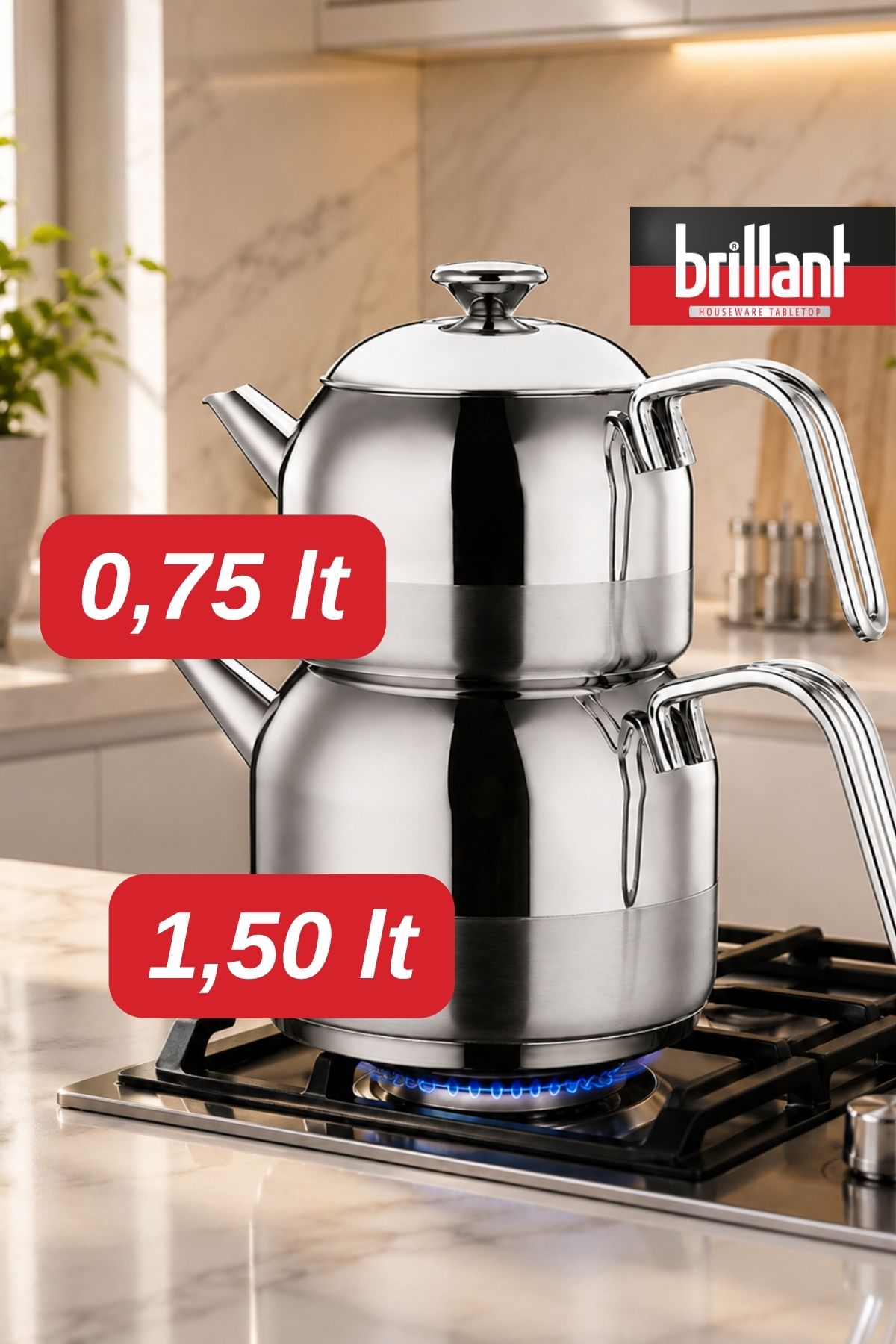 Brillant Mina Mini Çaydanlık Paslanmaz Çelik 0,75 Litre Üst Demlik 1,50 Litre Alt Demlik ( Paslanmaz Çelik, Brillant ile Lezzetli Çay Keyfi! )