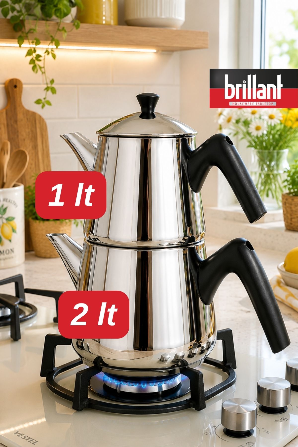 Brillant Polaris Aile Çaydanlık Paslanmaz Çelik 1 Litre Üst Demlik 2 Litre Alt Demlik ( Paslanmaz Çelik, Brillant ile Lezzetli Çay Keyfi! )