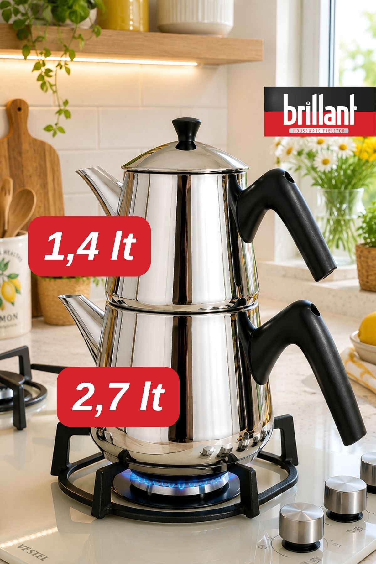 Brillant Polaris Maxi Çaydanlık Paslanmaz Çelik 1,4 Litre Üst Demlik 2,7 Litre Alt Demlik ( Paslanmaz Çelik, Brillant ile Lezzetli Çay Keyfi! )